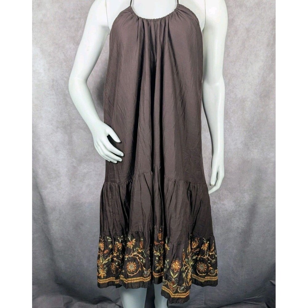 VINTAGE RAG RETRO Women’s Brown Woven Cotton Midi Backless Dress Floral Hem XL